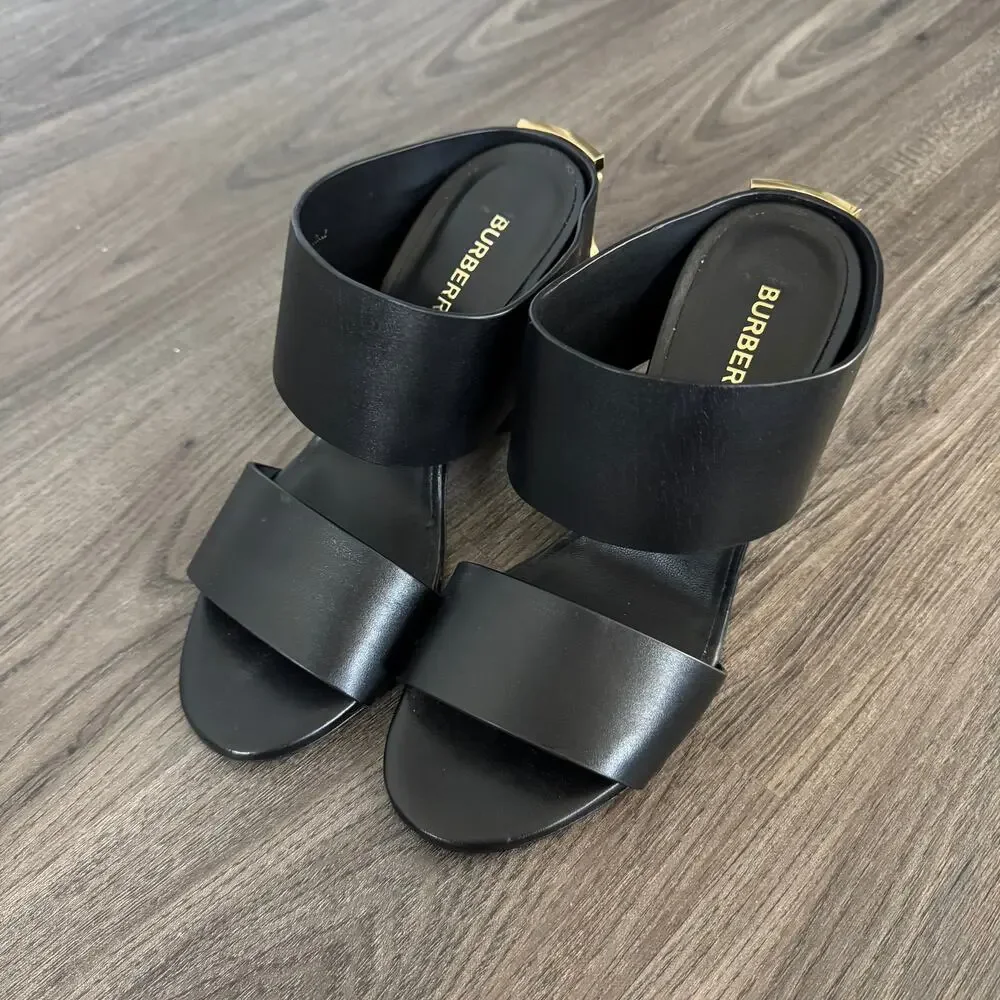 Burberry Eliana Black Leather Gold Logo Heeled Slides Sandals 36 NEW TB Heels